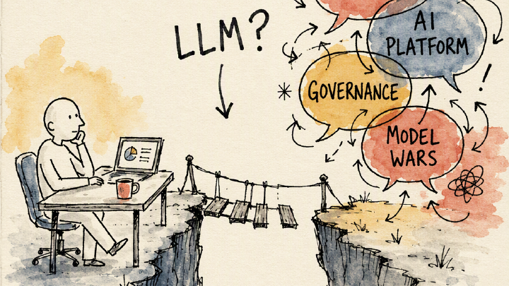 Person at a desk on one cliff edge, a rope bridge to the opposite cliff crowded with speech bubbles labelled Copilot, AI Platform, Governance and Model Wars