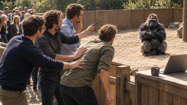 Three men at a wooden arena gate push a fourth man in an olive shirt forward toward a silverback gorilla waiting with crossed arms, while a crowd of office workers queues behind them